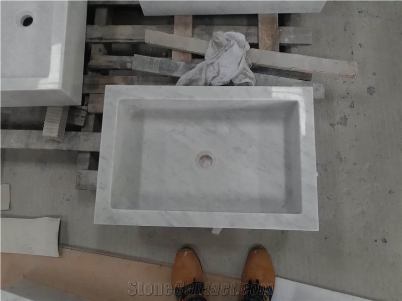 White Marble Vessel Sink Bianco Carrara Farm Sink for Bathroom