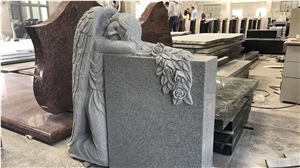 China Factory Grey Granite G633 Sesame White Weeping Angel on Kneel Monument, Engraved Western Headstones for Cemeteries