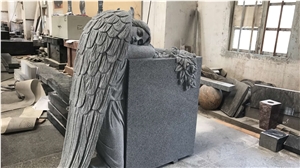 China Factory Grey Granite G633 Sesame White Weeping Angel on Kneel Monument, Engraved Western Headstones for Cemeteries