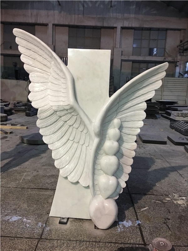 China Factory Manufacture Stone Carving Wings with Hearts Memorials, White Marble Cemetery Monuments