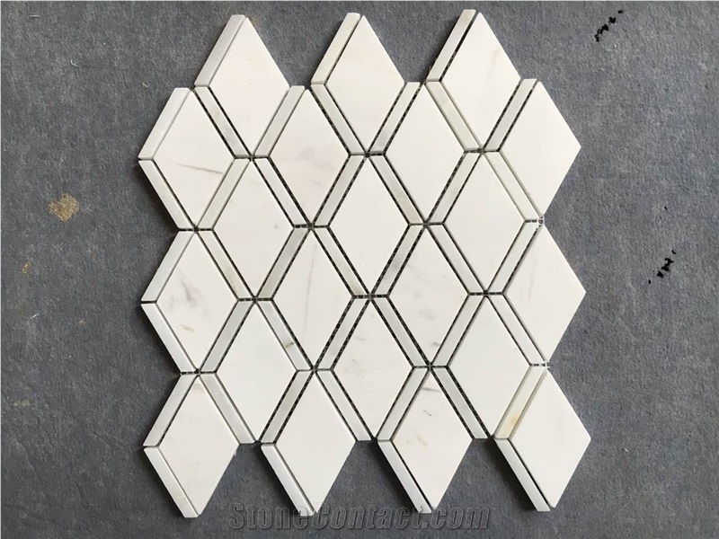 Polished Rhombus Shape Carara White Marble Mosaic Tiles