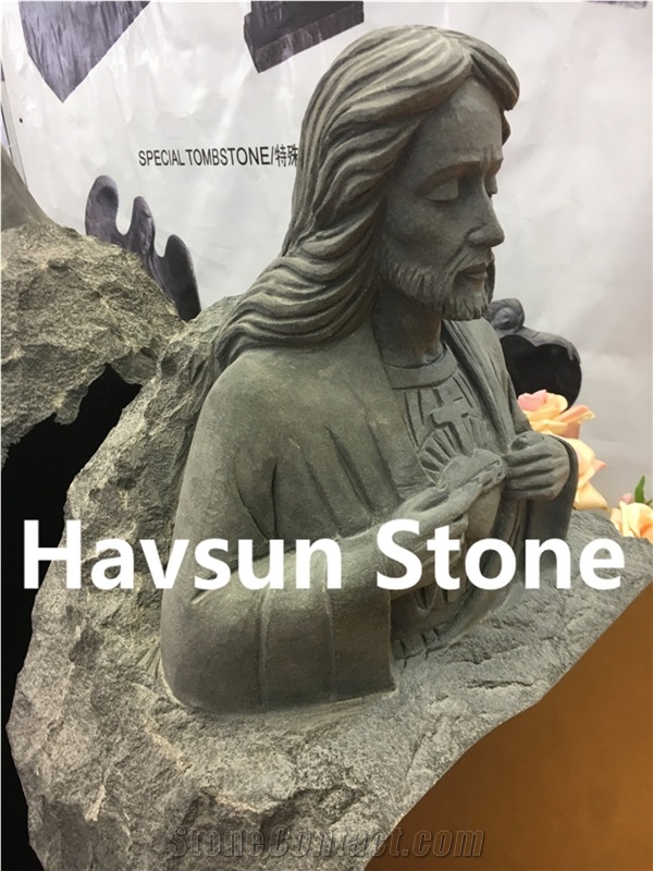 G654 Dark Grey Color Jesus Monument , Mary Bust Tombstone Religous Monument