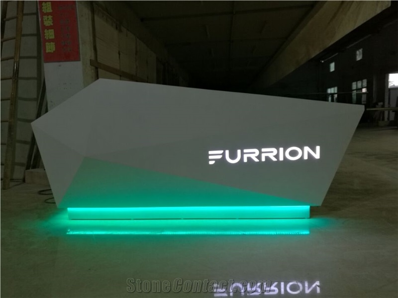 Customized Modern Acrylic Solid Surface Diamond Reception Desk with Led Logo