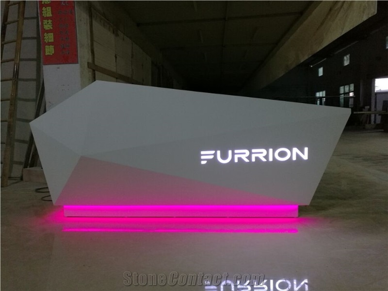 Customized Modern Acrylic Solid Surface Diamond Reception Desk with Led Logo