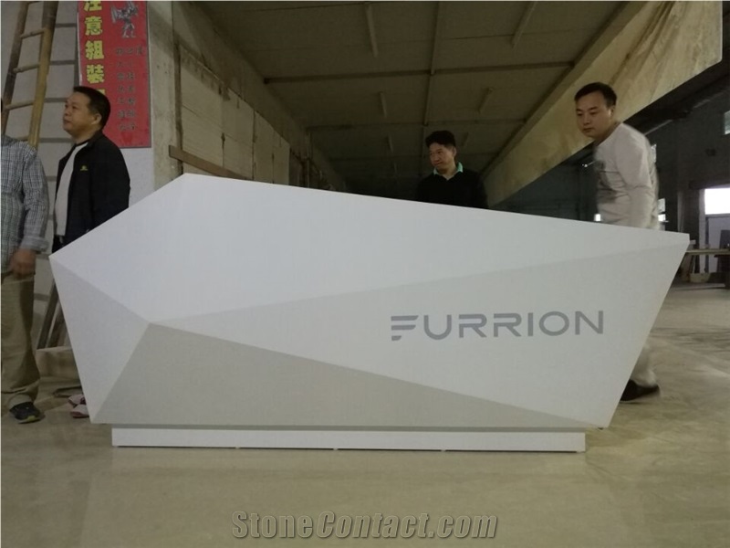 Customized Modern Acrylic Solid Surface Diamond Reception Desk with Led Logo
