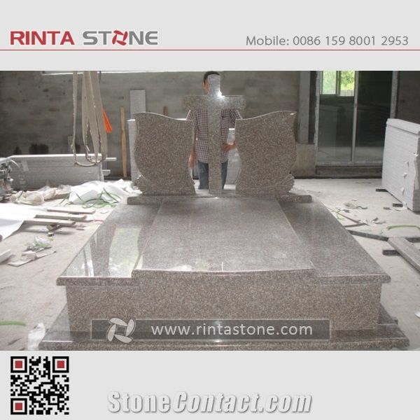 G664 Monuments Tombstone Headstone Cherry Brown Granite Gravestone Western Style Monument Double Monuments Upright Monuments Cross Style Tombstones Custom Headstone Luoyuan Red Granite Engraved Tombst