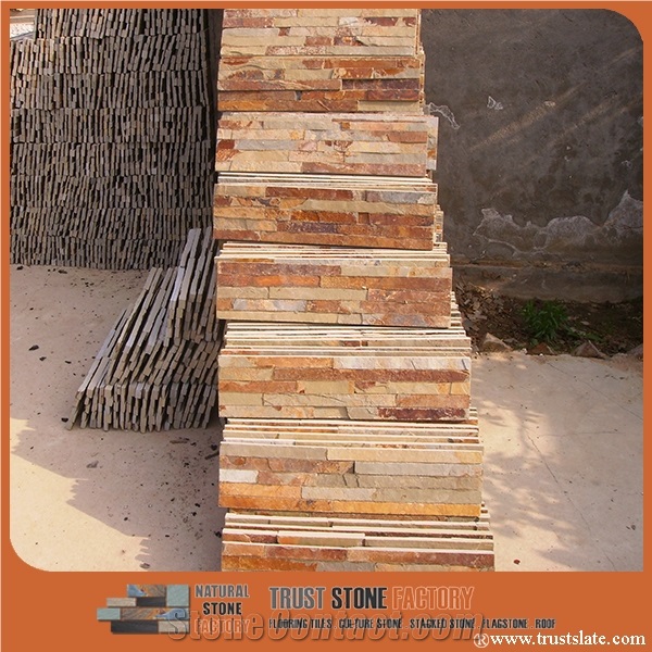 Autumn Golden Stone Veneer Panels, Copper Rust Ledge Stone, Brown Quartrzite Exterior Stone Veneer