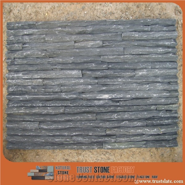 Black Quartzite Waterfall Cultured Stone/Black Stacked Stone/Black Stackstone/Grey Culture Stone/Thin Stone Veneer/Ledge Stone for Wall Cladding/Garden Waterfall/Pool Warterfall