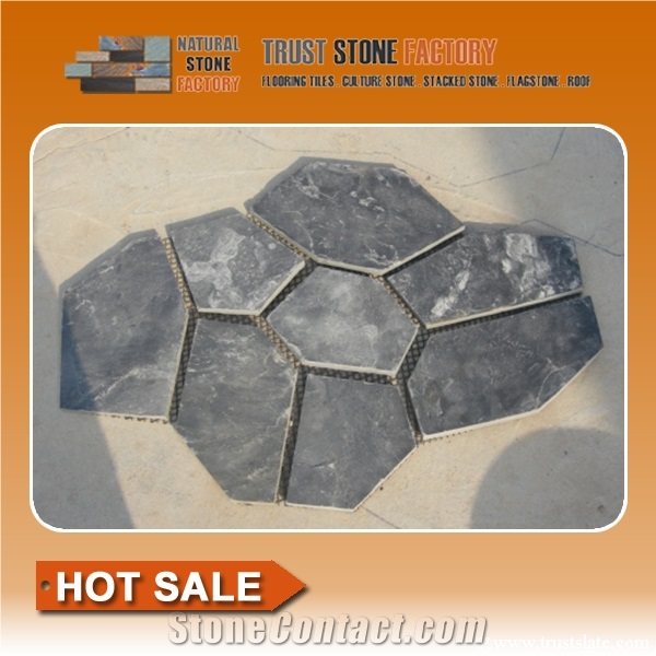 Black Slate Irregular Flagstones, Flagstone Walkway Pavers,Slate Meshed Flagstone,Mesh Backed Slate Tiles