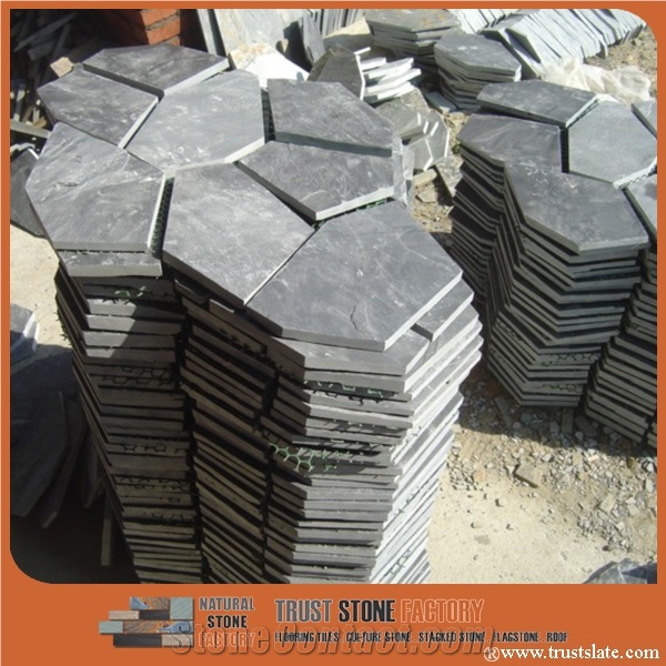 Black Slate Stone Flagstone on Mesh,China Grey Slate Flagstone Mesh,Dark Slate Random/Irregular Flagstone for Garden Road