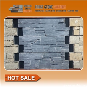 Black Stacked Stone Wall,Quartzite Stacked Stone Tile,Stacked Stone Veneer