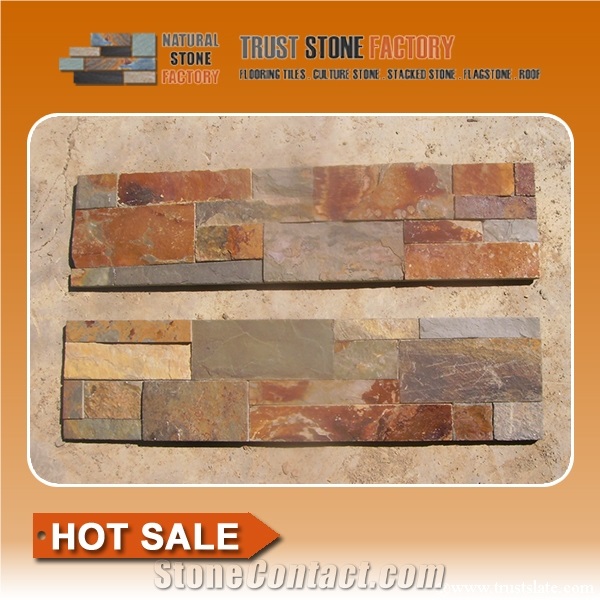 Brown Slate Cultured Stone, Rust Slate Wall Cladding, Stacked Stone Veneer, Natural Stone Veneer, Golden Slate Ledgerstone