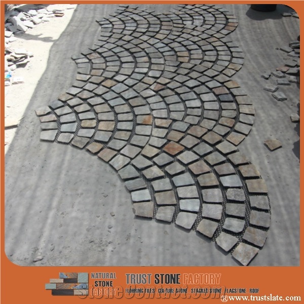Fan Pattern Meshed, Grey Stone Pavers, Natural Split Paver on Mesh, Grey Black Stone Cobblestone for Landscaping and Garden