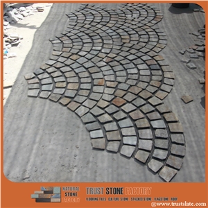 Fan Pattern Meshed, Grey Stone Pavers, Natural Split Paver on Mesh, Grey Black Stone Cobblestone for Landscaping and Garden