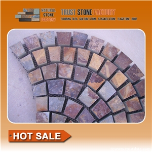 Fan Shaped Paving Stone on Mesh, Fan Shape Rust Slate Stone on Mesh,Rustic Brown and Multi Color Slate Meshed Fan Shape Paving Stone,Cobble and Cube Stone on Meshed