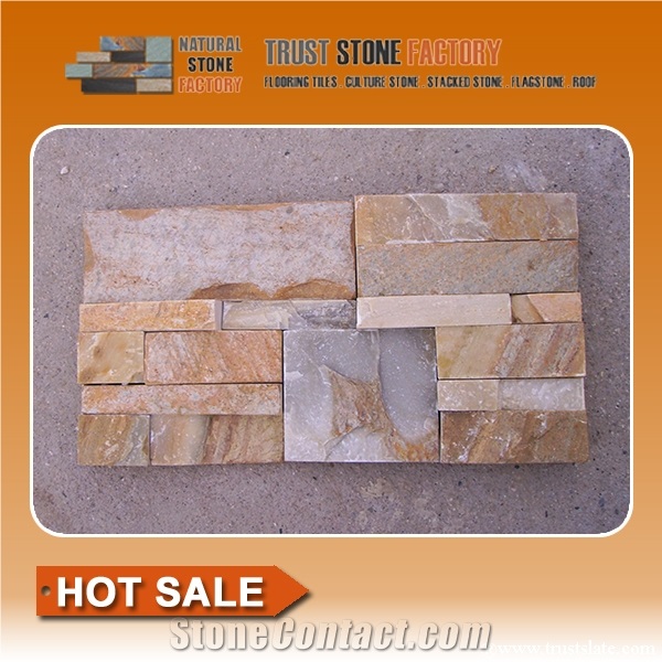 Golden Quartzite Stacked Stone Wall Cladding Panel Ledge Stone Split Face Tile Landscaping Interior & Exterior Culture Stone