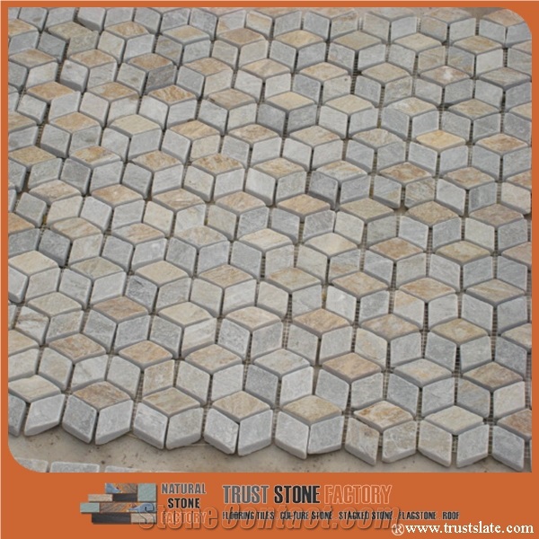 Grey and Golden Cube 3d Mosaic for Modern Decoration, Natural Stone Mosaic,Floor Mosaic,Wall Mosaic,Interior Decoration,Customized Mosaic Tile,Mosaic Tile for Bathroom & Kitchen & Hotel Decoration