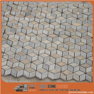 Grey and Golden Cube 3d Mosaic for Modern Decoration, Natural Stone Mosaic,Floor Mosaic,Wall Mosaic,Interior Decoration,Customized Mosaic Tile,Mosaic Tile for Bathroom & Kitchen & Hotel Decoration