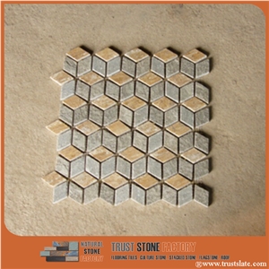 Grey and Golden Cube 3d Mosaic for Modern Decoration, Natural Stone Mosaic,Floor Mosaic,Wall Mosaic,Interior Decoration,Customized Mosaic Tile,Mosaic Tile for Bathroom & Kitchen & Hotel Decoration