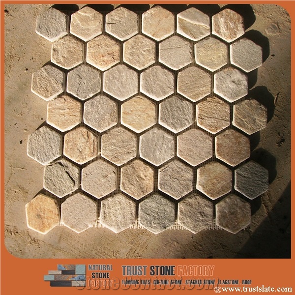 Hexagon Mosaic Tile, Beige Mosaic Tile, Grey Mosaic, Tumbled Surface, Garden & Balcony Marble Mosaic Tile, Kitchen Marble Mosaic Tile
