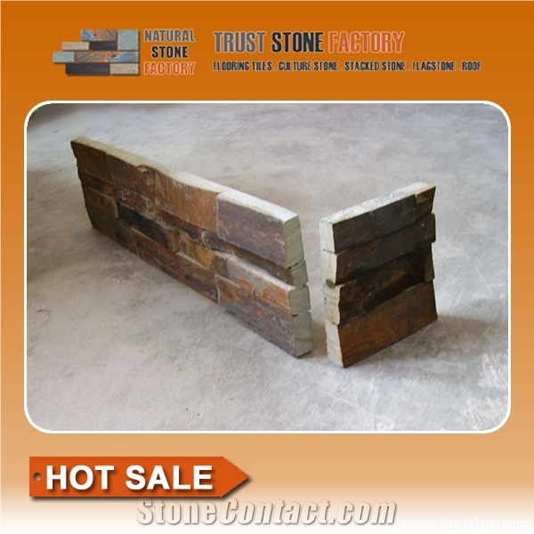 Hot Sales Brown Slate Culture Stone Corner,Rusty Ledge Stone Corner,Yellow Stacked Stone Corner, Flat,Wall Cladding Tile,Veneer Panel,L Shape