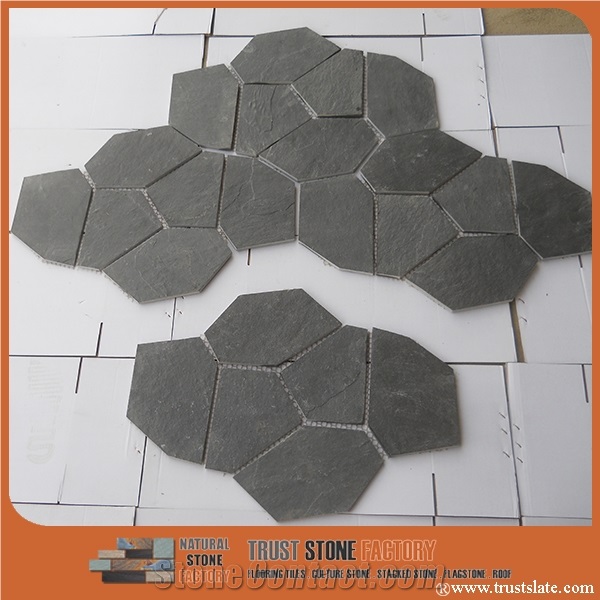Loose Crazy Black Slate Paving Stone on Net, Cheap Paving Stone Mold Flexible Thin Slate, Meshed Crazy Flagstone Walkway Pavers