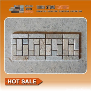 Mosaic Border Line,Beige Stone Mosaic Tiles,Natural Stone,Mosaic Tiles Pattern,Wall Cladding,Copper Mosaic for Bathroom&Kitchen&Hotel Decoration