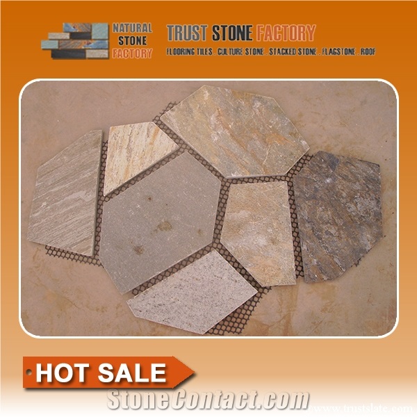 Multicolor Slate Patio Flagstone Flooring,Yellow Beige Slate Patio Pavers, Slate Paving Pattern for Landscaping Flooring Patio