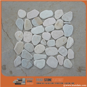 Natural River Stone Sliced Pebble Mosaic Tile Indoor Paving, White Polished Cutting Mosaic Tiles, Floor Paving Mosaic Tiles