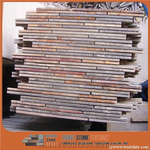 Quartzite Brown Slim Mosaic Tiles,Copper Thin Laminated Mosaic,Bathroom & Kitchen & Wall Decorative Stone
