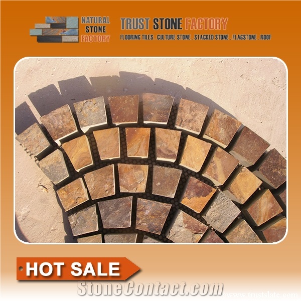 Rustic Brown and Multi Color Slate Meshed Fan Shape Paving Stone,Cobble and Cube Stone on Meshed