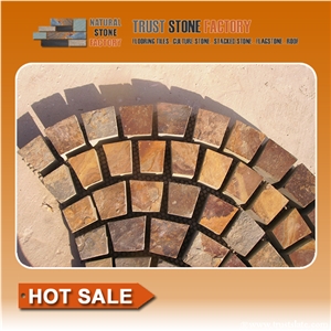 Rustic Brown and Multi Color Slate Meshed Fan Shape Paving Stone,Cobble and Cube Stone on Meshed