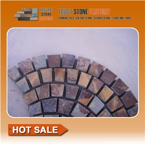 Rusty Brown Slate Fan Shape Paving,Multi Color Slate Meshed Cobble and Cube Stone