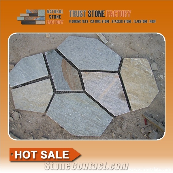 Slate Crazy Paving, Slate Mesh Paving, Slate Net Paste, Random Flag Stone Slabs, Beige Slate Crazy Paver, Gold Beige Slate Flagstone