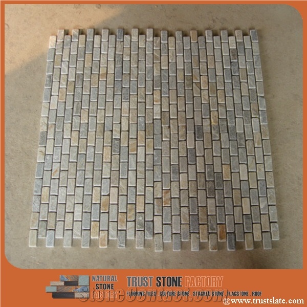 Yellow&Grey Slim Mosaic Tiles,Beige Thin Laminated Mosaic,Bathroom & Kitchen & Wall Decorative Stone