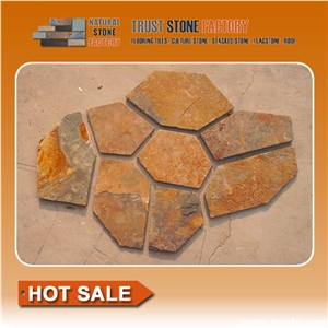 Yellow Rusty Slate Random Flagstones Paver, Golden Slate Irregular Flagstone Patio Stone, Copper Random Flagstone Courtyard Paving