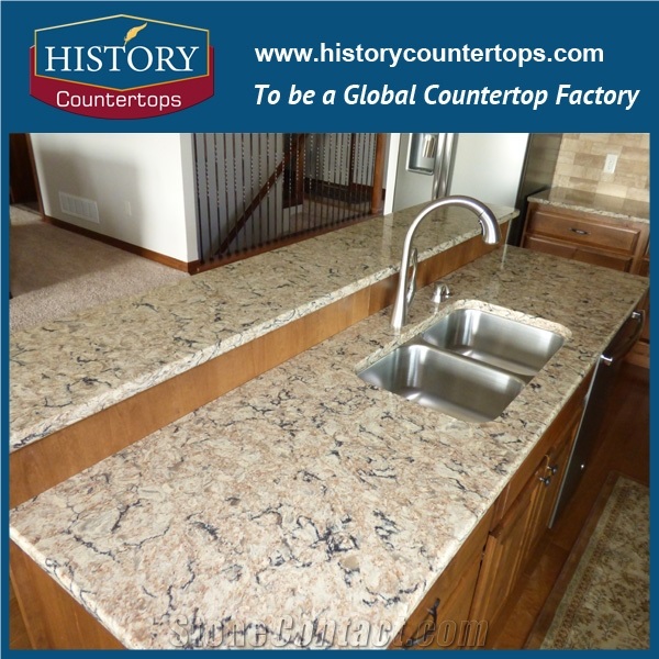 Bradshaw Quartz Countertops Polished Surface with Laminated Bullnose Edge, Artificial Stone Kitchen Worktops Island Tops for Home Designs in Multi-Family and Hospitality Projects