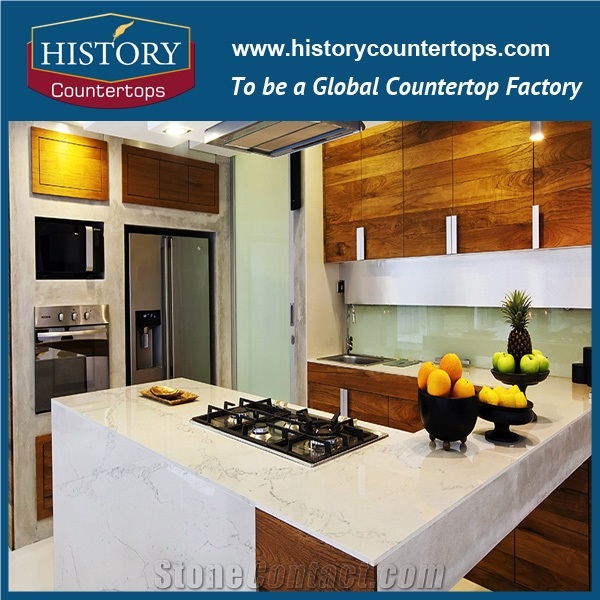 Calacatta Nuvo Quartz Countertops with Customized Edges for Home Designs, Engineered Kitchen Island Tops Polished Surface for Multi-Family and Hospitality Projects