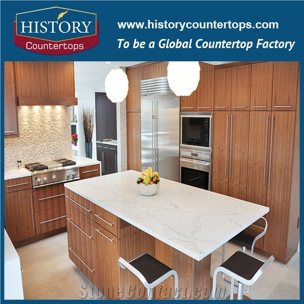 Calacatta Nuvo Quartz Countertops with Customized Edges for Home Designs, Engineered Kitchen Island Tops Polished Surface for Multi-Family and Hospitality Projects