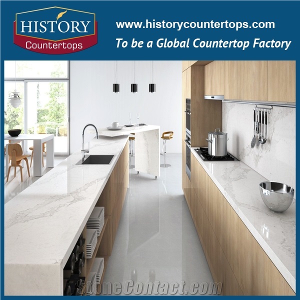 Calacatta Nuvo Quartz Countertops with Customized Edges for Home Designs, Engineered Kitchen Island Tops Polished Surface for Multi-Family and Hospitality Projects