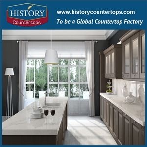 Calacatta Nuvo Quartz Countertops with Customized Edges for Home Designs, Engineered Kitchen Island Tops Polished Surface for Multi-Family and Hospitality Projects
