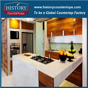 Calacatta White Quartz Countertops with Customized Edges for Kitchen Designs, China White Artificial Stone Island Tops Worktops for Multi-Family and Hospitality Projects