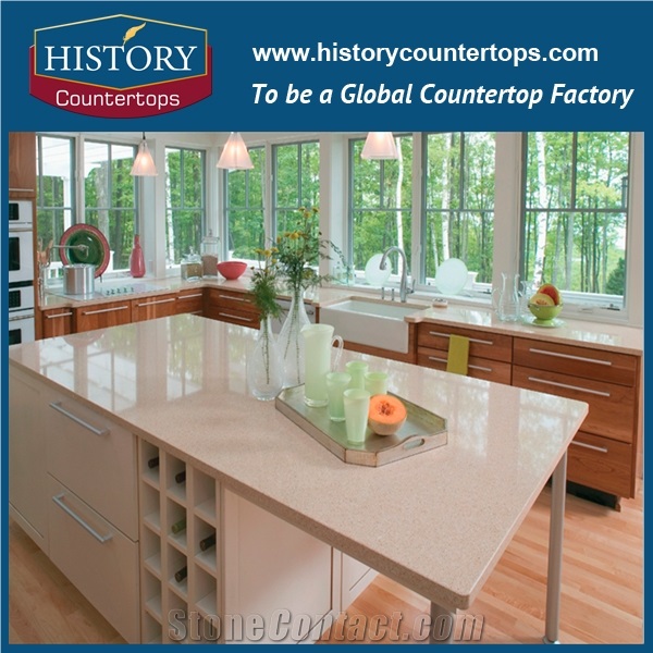 China Hot Sale Building Stone Price Kamari Beige Artificial Quartz Kitchen Countertops, Island Top, Desk Tops,Bar Top,Worktops,Polished Surface,Cut to Size,Flat Edge, Eased Edge, Beveled Edge