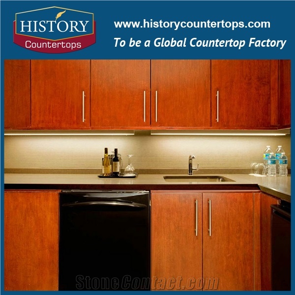 China Shasta Brown Quartz Countertops with Laminated Bullnose Edge for Sales, Artificial Stone Kitchen Island Tops Worktops for Multi-Family and Hospitality Projects