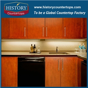 China Shasta Brown Quartz Countertops with Laminated Bullnose Edge for Sales, Artificial Stone Kitchen Island Tops Worktops for Multi-Family and Hospitality Projects