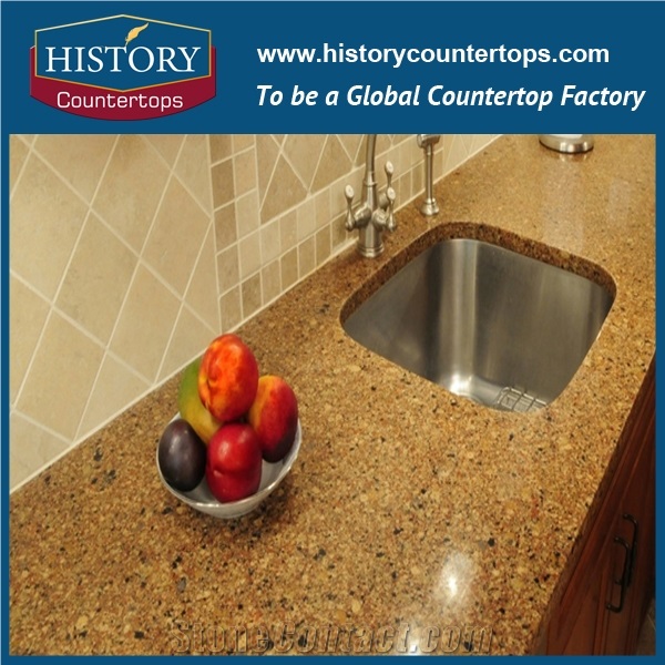 China Sunflower Quartz Countertops Polished Surface with Customized Edges, Yellow Artificial Stone Kitchen Engineered Worktops Island Tops for Multi-Family Projects