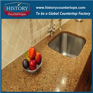 China Sunflower Quartz Countertops Polished Surface with Customized Edges, Yellow Artificial Stone Kitchen Engineered Worktops Island Tops for Multi-Family Projects