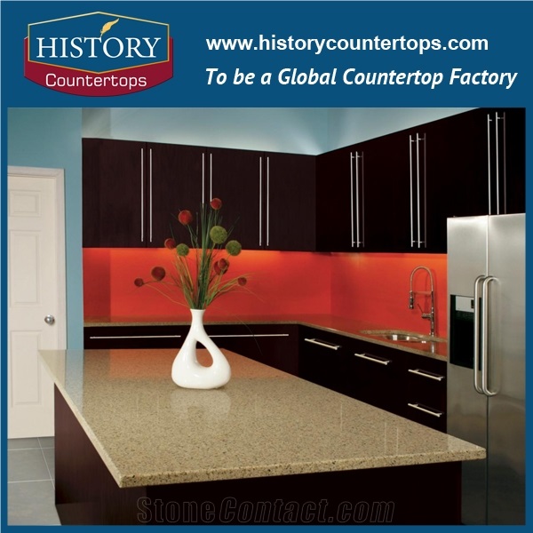 China Sunflower Quartz Countertops Polished Surface with Customized Edges, Yellow Artificial Stone Kitchen Engineered Worktops Island Tops for Multi-Family Projects