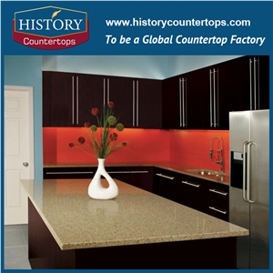 China Sunflower Quartz Countertops Polished Surface with Customized Edges, Yellow Artificial Stone Kitchen Engineered Worktops Island Tops for Multi-Family Projects