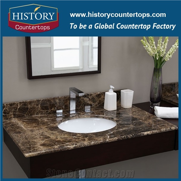 Dark Emperador Marble Prefabricated Vanity Top with Single or Double Sinks for Sales, Engineered Bathroom Tops for Hospitality Projects
